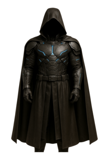 Black real Leather Halloween Costume with Hooded Cape