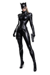 Black Leather Futuristic Catwoman Costume with White Piping & Stud Details