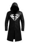 Black Leather Long Coat with White Superman Logo Hooded Leather Trench Coat Superhero Style Leather Jacket Handmade Real Leather Coat