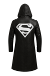 Black Leather Long Coat with White Superman Logo Hooded Leather Trench Coat Superhero Style Leather Jacket Handmade Real Leather Coat