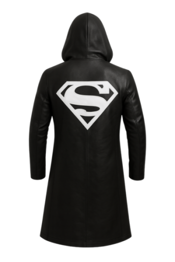 Black Leather Long Coat with White Superman Logo | Hooded Leather Trench Coat | Superhero Style Leather Jacket | Handmade Real Leather Coat Black Leather Long Coat with White Superman Logo | Hooded Leather Trench Coat | Superhero Style Leather Jacket | Handmade Real Leather Coat