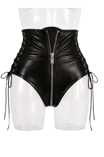 Black Real Leather High Waist Shorts for Women – Front Zip Leather Fetish Shorts, Gothic Corset Style Handmade Leatherwearv