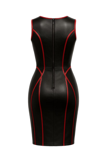 Black real Leather Bodycon Dress: Red Piping Gothic Party Outfit