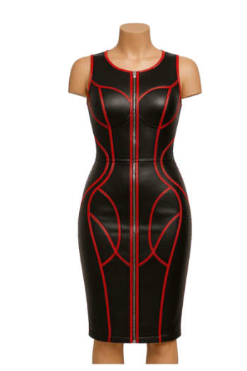 Black real Leather Bodycon Dress: Red Piping Gothic Party Outfit