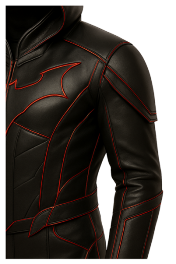 Black real Leather Superhero Costume: Gothic Cosplay Outfit with Red Lining