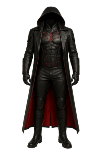 Black real Leather Superhero Costume: Gothic Cosplay Outfit with Red Lining