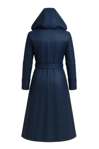 Blue real Leather Hooded Trench Coat: Gothic Cosplay Winter Fashion