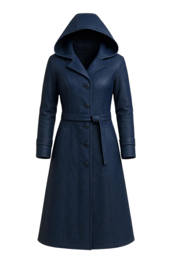 Blue real Leather Hooded Trench Coat: Gothic Cosplay Winter Fashion