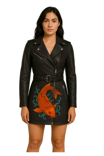 Embroidered Koi Fish real Leather Biker Dress: Edgy Punk Outfit