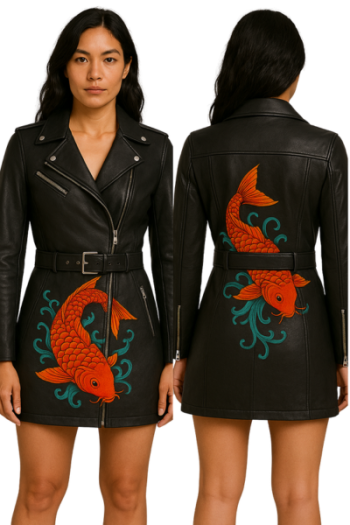 Embroidered Koi Fish real Leather Biker Dress: Edgy Punk Outfit