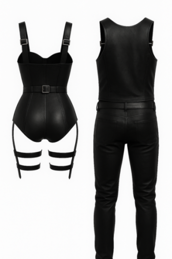 Gothic Steampunk real Leather Couple Costume Set: Buckle Strap Cosplay Outfits