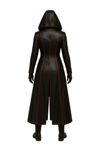 Gothic real Leather Costume: Hooded Coat, Pants & Top - Red Lining Gothic real Leather Costume: Hooded Coat, Pants & Top - Red Lining