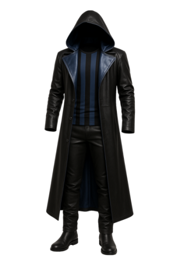 Gothic real Leather Costume Set: Hooded Coat, Pants & Shirt - Blue Lining