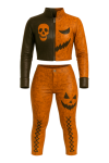 Halloween Leather Outfit – Black Orange Lace Up Jacket & Pants Costume for Party and Cosplay