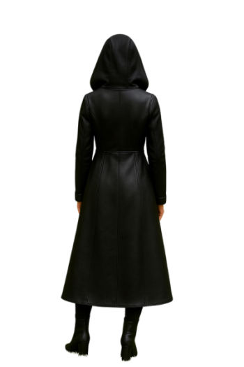 Handmade Black Leather Hooded Coat – Women's Slim Fit Winter Jacket