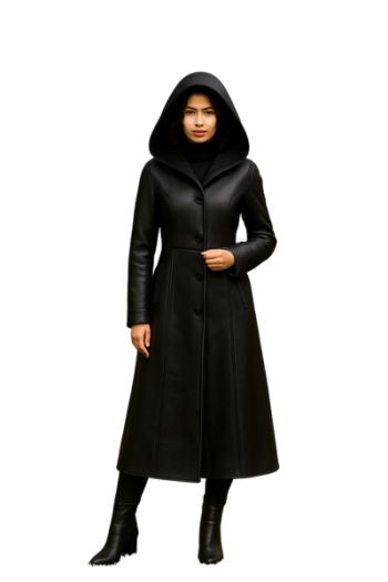 Handmade Black Leather Hooded Coat – Women's Slim Fit Winter Jacket