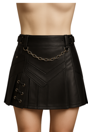 Handmade Black Leather Mini Kilt Gothic Pleated Chain Skirt Handmade Black Leather Mini Kilt Gothic Pleated Chain Skirt