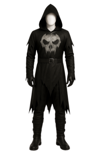 Hooded real Leather Costume: Skull Gothic Outfit, Halloween Cosplay