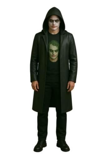 Joker Style real Leather Hooded Coat with Graphic Print | Halloween Villain Costume Outfit