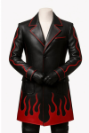 Men Black Leather Long Coat with Red Flames
