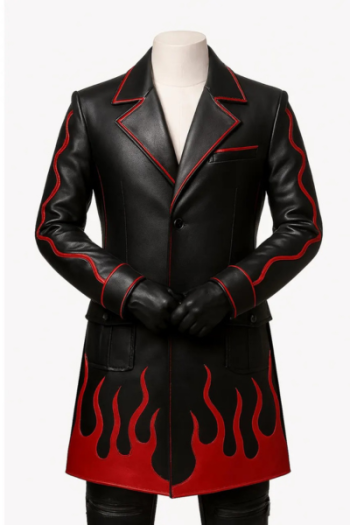 Men Black Leather Long Coat with Red Flames
