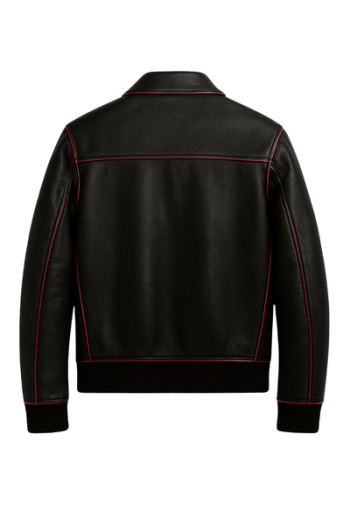 Men’s Black Leather Bomber Jacket – Handmade Red Stitching, Classic Outerwear