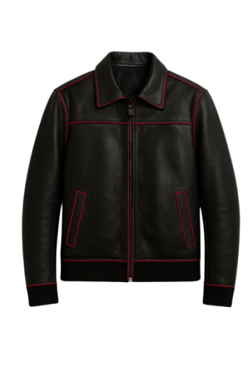Men’s Black Leather Bomber Jacket – Handmade Red Stitching, Classic Outerwear