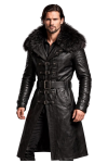 Men’s Black Leather Long Coat with Faux Fur Collar