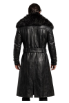 Men’s Black Leather Long Coat with Faux Fur Collar