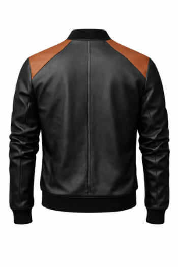 Men’s Black Real Leather Bomber Jacket with Brown Accents