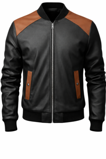 Men’s Black Real Leather Bomber Jacket with Brown Accents