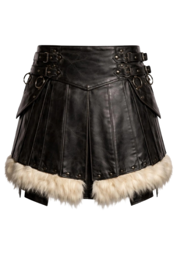 Men’s Black Real Leather Kilt with Faux Fur Trim