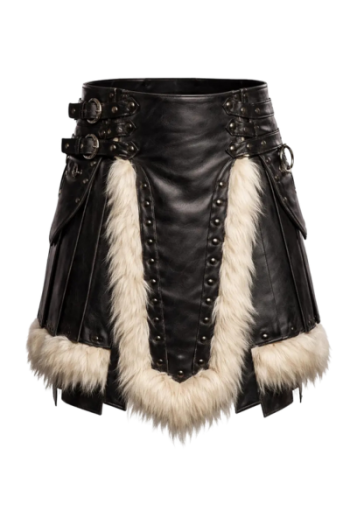 Men’s Black Real Leather Kilt with Faux Fur Trim