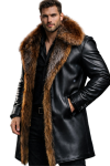 Men’s Black Real Leather Long Coat with Faux Fur Collar Men’s Black Real Leather Long Coat with Faux Fur Collar