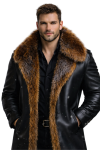 Men’s Black Real Leather Long Coat with Faux Fur Collar