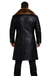 Men’s Black Real Leather Long Coat with Faux Fur Collar