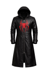 Men’s Black Real Leather Long Hooded Coat – Spider Inspired Red Logo Leather Coat, Front Zip Superhero Cosplay Leather Jacket