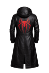 Men’s Black Real Leather Long Hooded Coat – Spider Inspired Red Logo Leather Coat, Front Zip Superhero Cosplay Leather Jacket