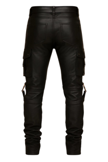 Men’s Black Real Leather Pants – Gothic Biker Style Cargo Leather Trousers with Belt, Handmade Motorcycle Leather Pants
