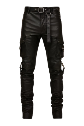 Men’s Black Real Leather Pants – Gothic Biker Style Cargo Leather Trousers with Belt, Handmade Motorcycle Leather Pants