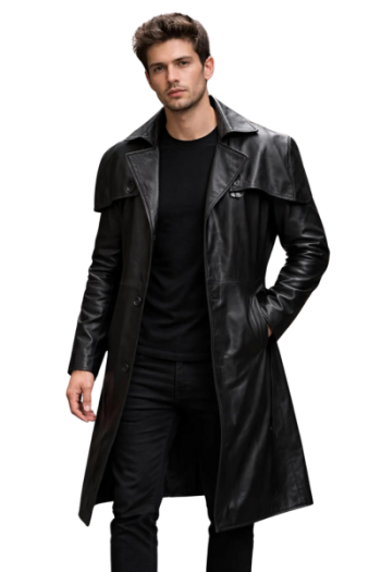 Men’s Black Real Leather Trench Coat