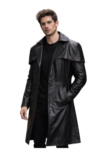 Men’s Black Real Leather Trench Coat