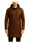 Men’s Brown Leather Hooded Trench Coat Handmade Zip-Up Jacket