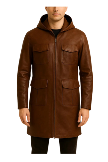 Men’s Brown Leather Hooded Trench Coat | Handmade Zip-Up Jacket Men’s Brown Leather Hooded Trench Coat | Handmade Zip-Up Jacket