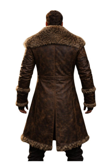 Men’s Brown Leather Long Coat with Fur Collar