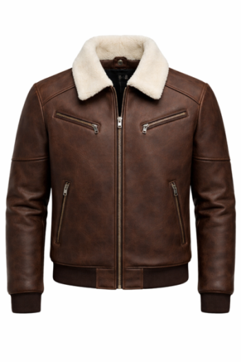 Men’s Brown Real Leather Aviator Jacket with Shearling Collar