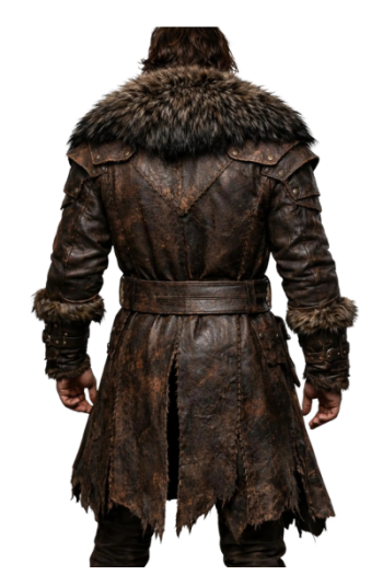 Men’s Brown Real Leather Long Coat with Fur Collar | Viking Warrior Leather Coat | Winter Fur Leather Jacket for Men | Handmade Leather Coat