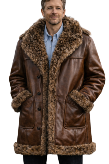 Men’s Brown Real Leather Shearling Winter Coat