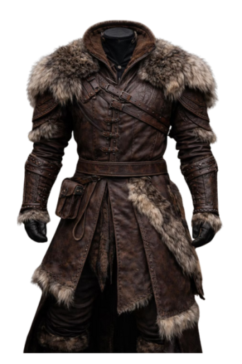 Men’s Brown Real Leather Viking Coat with Fur Trim Men’s Brown Real Leather Viking Coat with Fur Trim