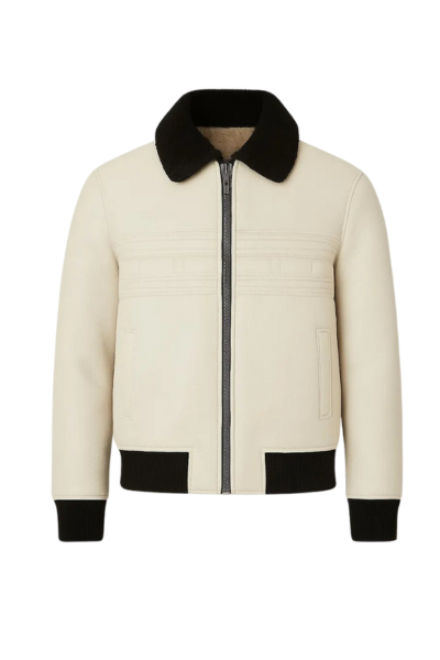 Men's Cream Real Leather Bomber Jacket Men's Cream Real Leather Bomber Jacket